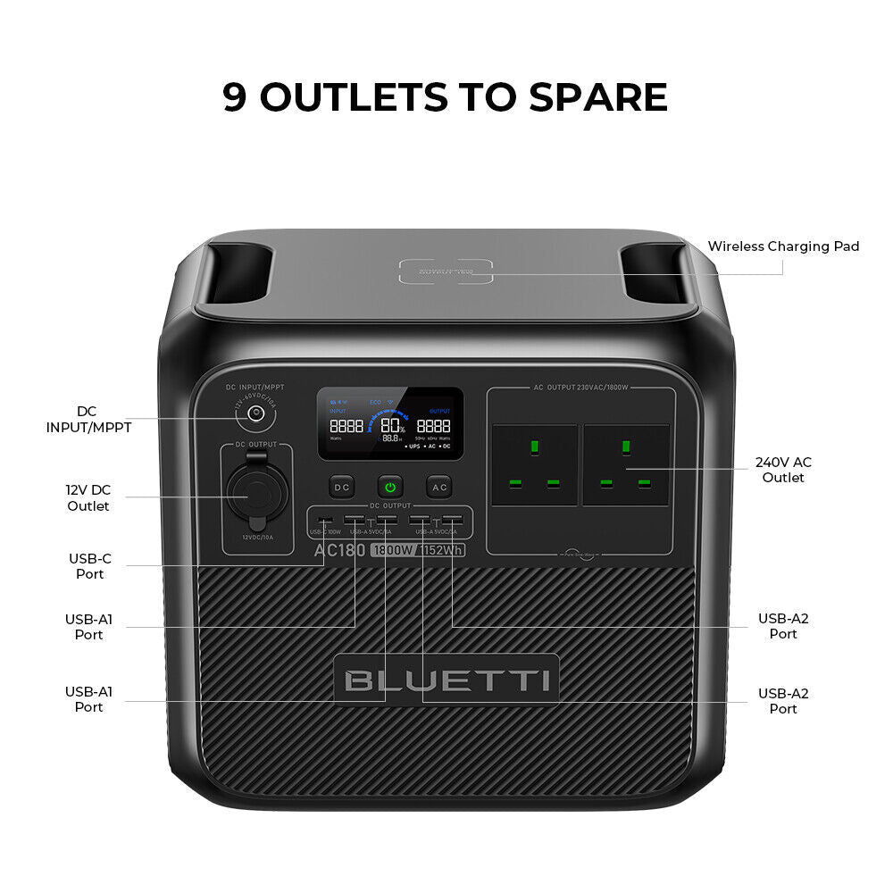 BLUETTI AC180 1800W 1152Wh Portable Power Station Solar Generator Home Outdoor